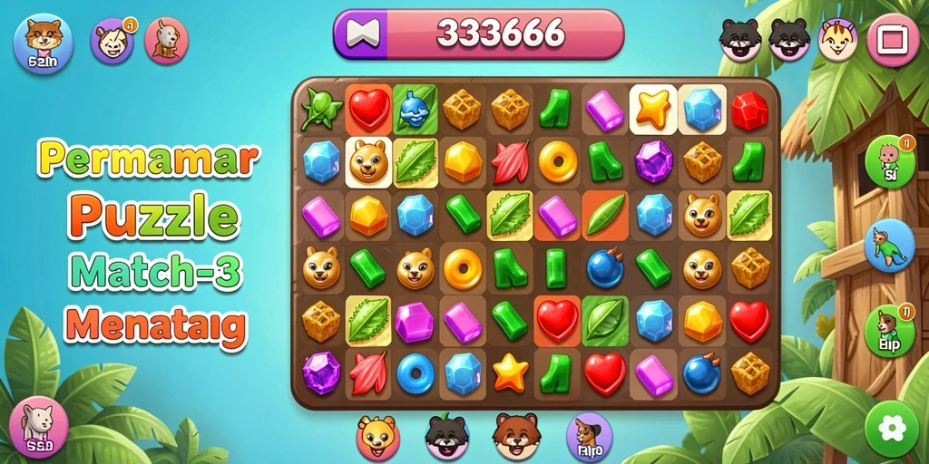Gameplay Match-3 yang menyenangkan dan penuh warna.