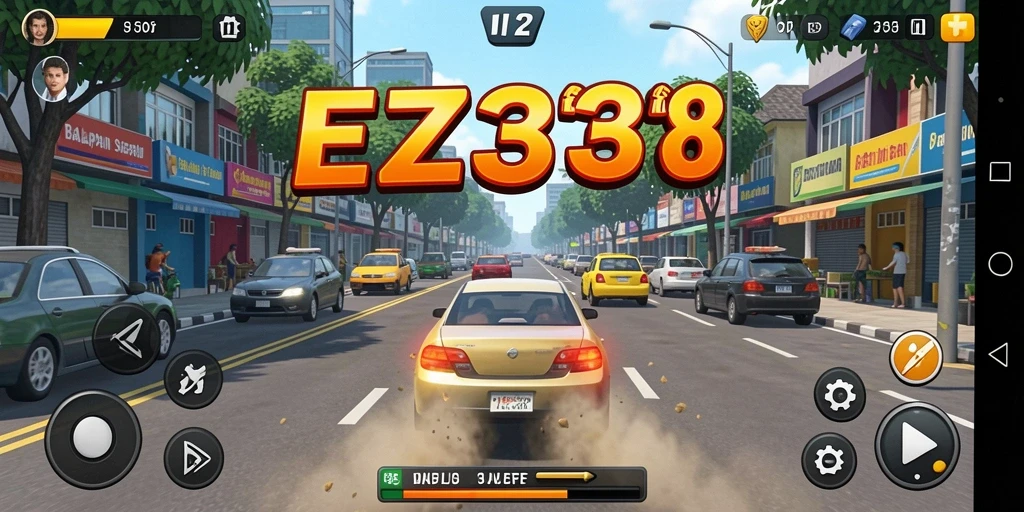 Screenshot gameplay EZ338 menampilkan balapan yang mendebarkan di trek menantang.