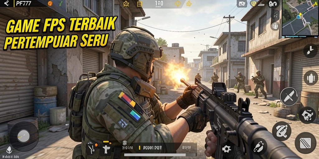 Tangkapan layar utama PF777 dengan aksi gameplay FPS yang intens.