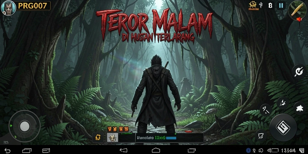 Screenshot gameplay PRG007 yang menampilkan suasana hutan angker.