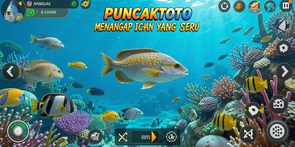 Tampilan gameplay memancing di PUNCAKTOTO dengan berbagai ikan warna-warni.