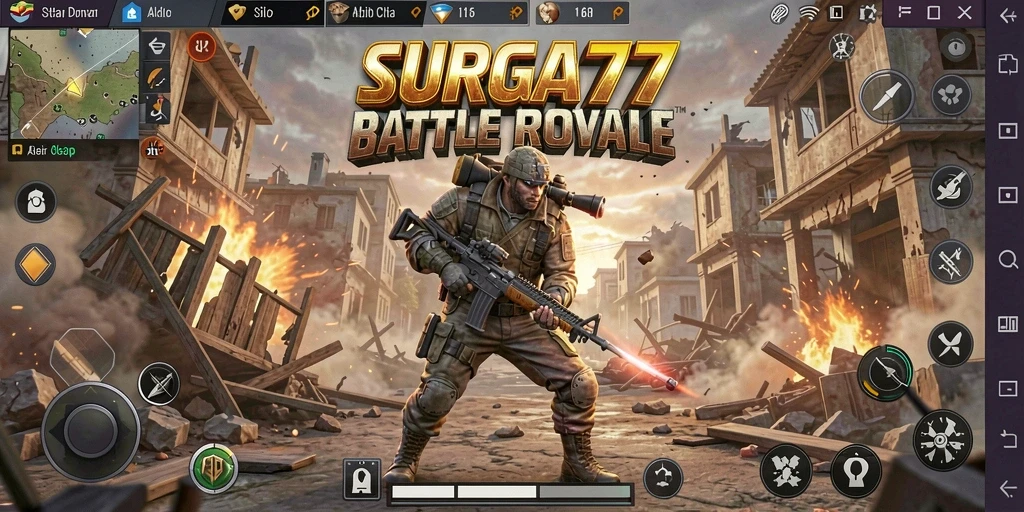 Gameplay SURGA77 yang penuh aksi dan strategi di arena Battle Royale.