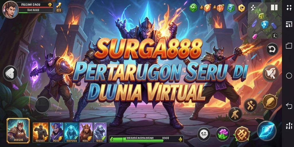 Tampilan gameplay SURGA88 yang menampilkan pertarungan epik dan karakter kuat.